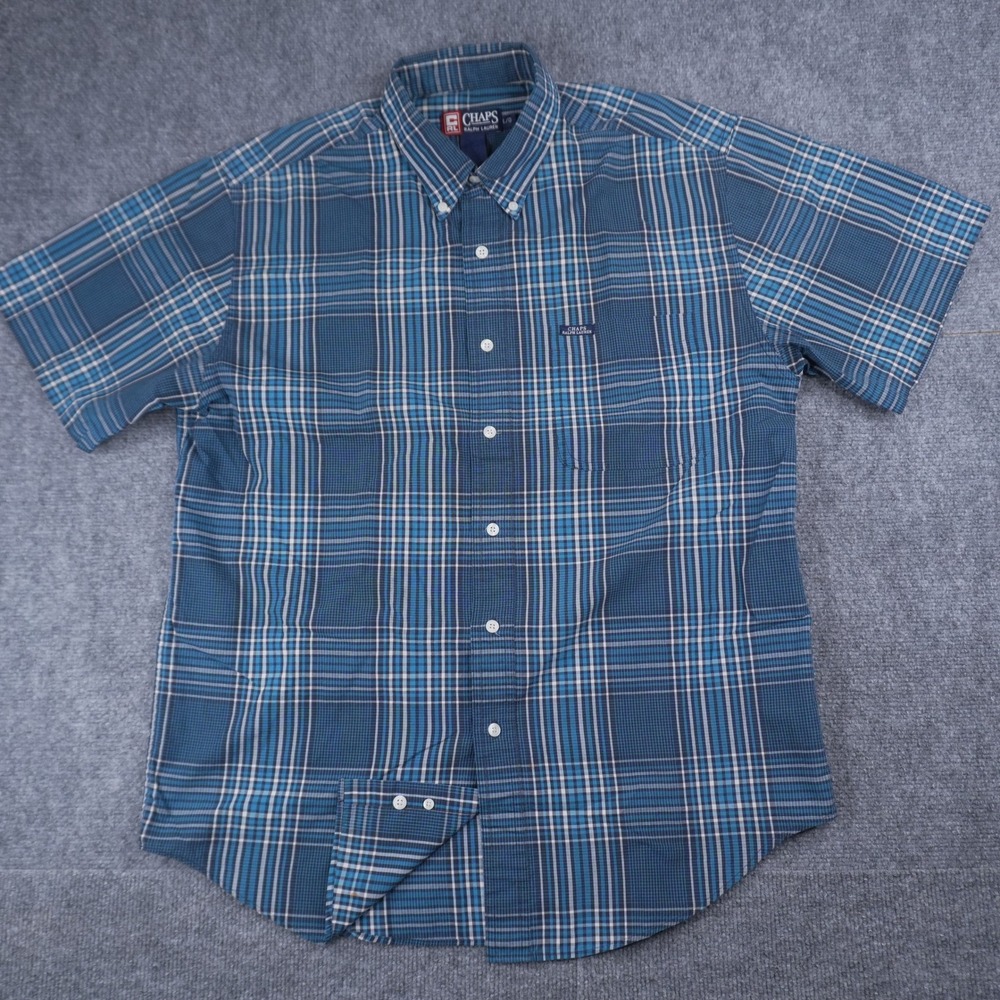 Chaps Ralph Lauren Button Down Shirt Mens Large Blue Plaid Short Sleeve Woven